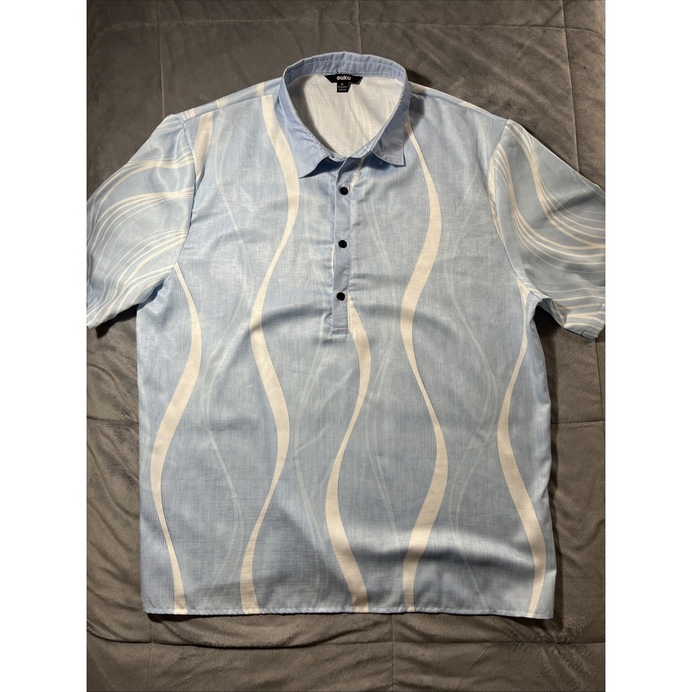 Ouku Blue‎ White Short Sleeve Button Up Shirt Men's XL